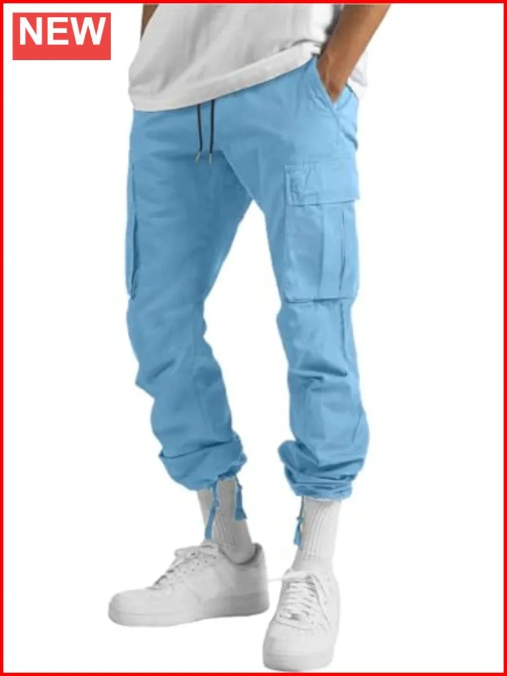 Men's Cargo Pants Drawstring Casual Hiking Joggers Cotton Loose Straight